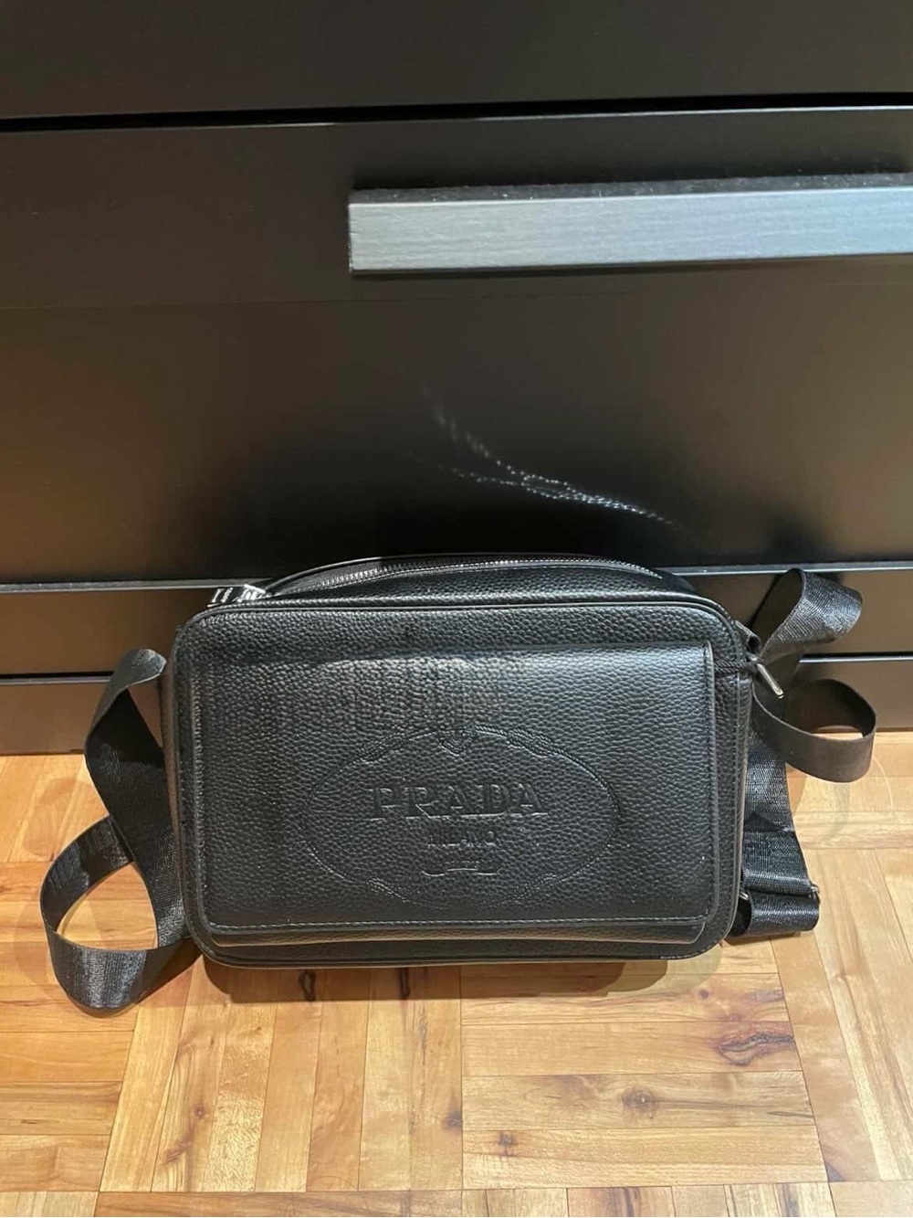 Prada Black Textured Leather Messenger Bag for Men